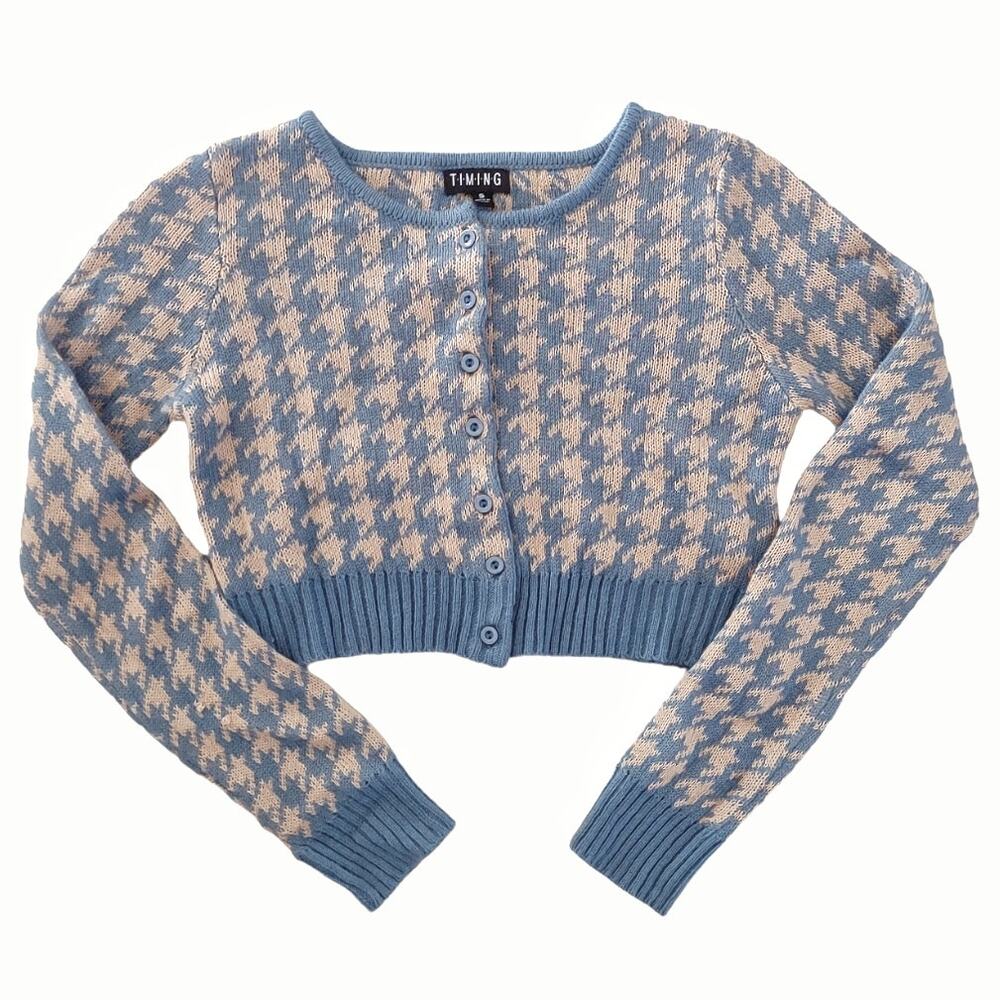 Retro Blue & Tan Hounds Tooth Cardigan Size S Cropped Button-Down Sweater Casual